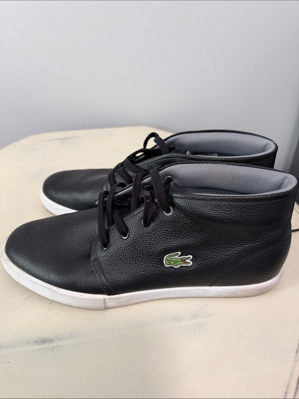 Lacoste Black High-Top Leather Sneakers with White Sole and Green Croc